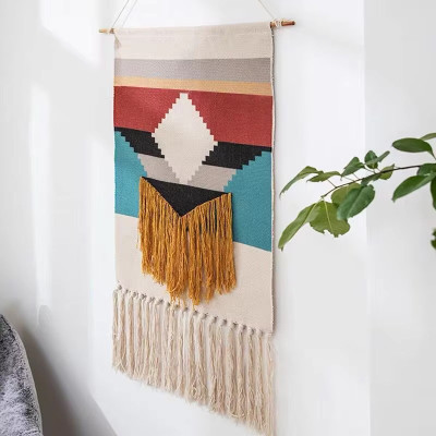 Geometric Print Cotton Linen Tassel Tapestry